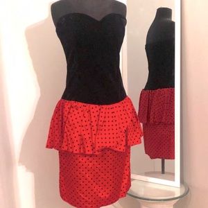 Vintage black velvet and taffeta 1980s strapless party dress